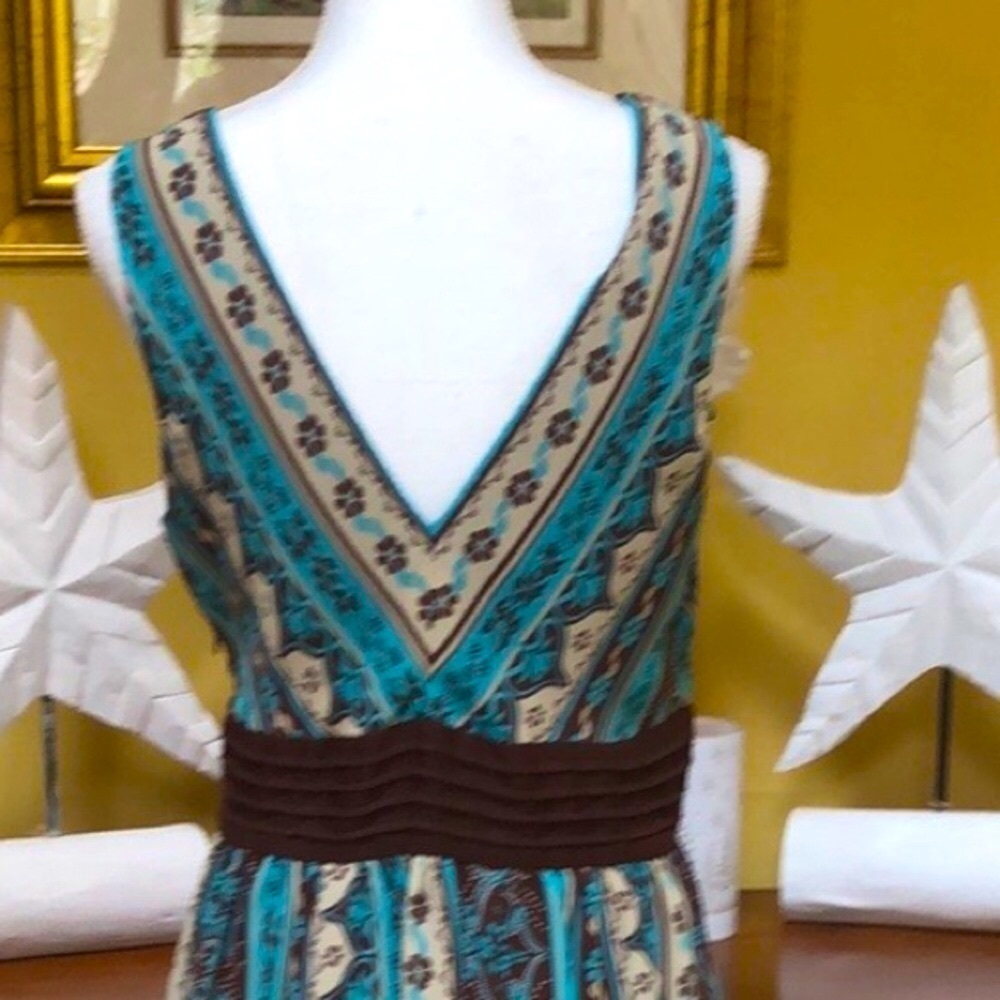 Sandra Darren Floral Brown & Aqua Boho Sleeveless V Neck Cocktail Party Dress 12 - Picture 11 of 16